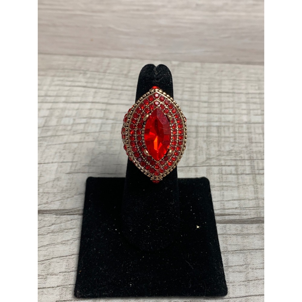 Vtg Style Red Rhinestone Marquise Statement Ring Gold Tone Ornate Cocktail  7.5